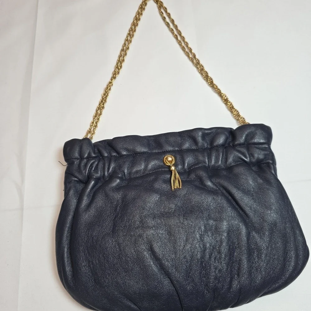 Vintage 1960s Morris Markowitz Navy Leather Evening‎ Bag Gold Chain + Coin Purse